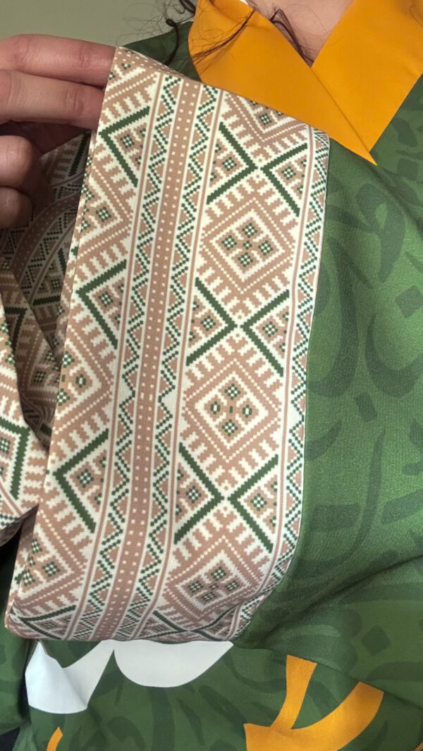 olive green arabic calligraphy kimono