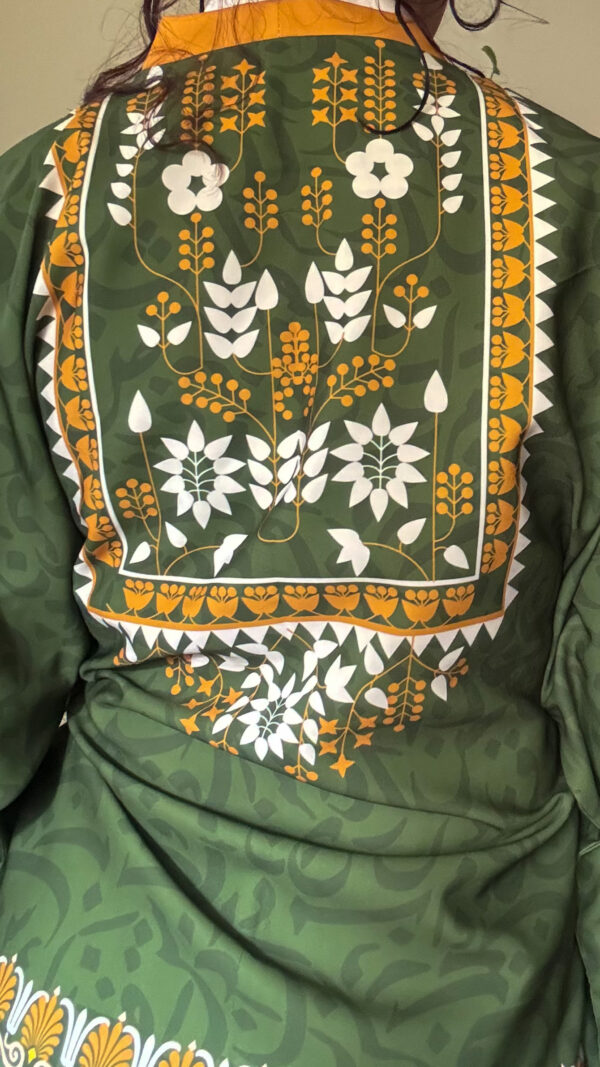 olive green arabic calligraphy kimono